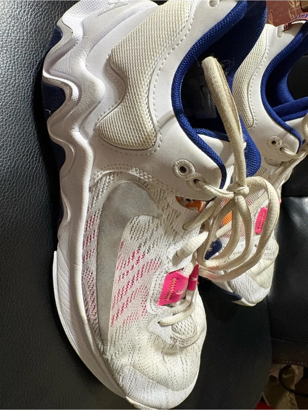Nike LOGO 5 White Sneakers with Orange Swoosh and Blue Trim for women’s size 7Y